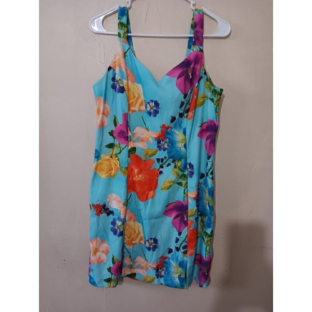 Womens Medium Vintage Made In USA Dawn Joy Aqua Blue Floral Print Sheath Dress